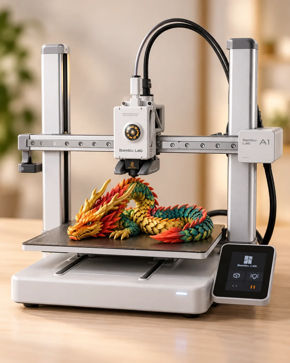 Impressora 3D Bambu Lab A1 imprimindo um dragão articulado colorido