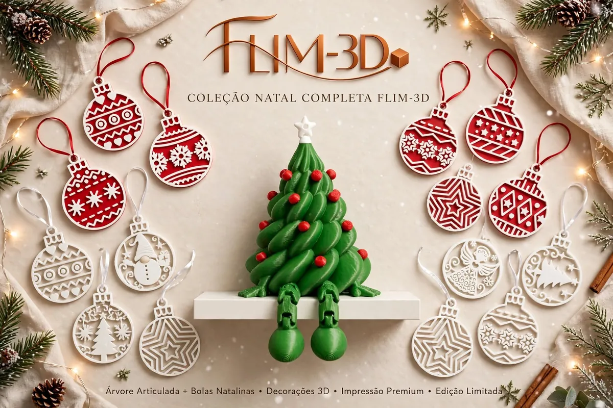 Coleção Natal completa FLIM-3D com árvore articulada e bolas natalinas impressas em 3D