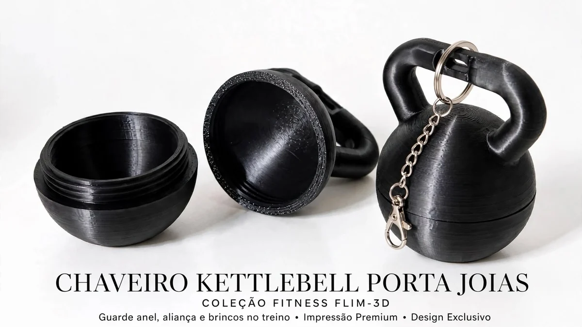 Chaveiro kettlebell porta joias da FLIM-3D com argola e corrente, ao lado da peça aberta